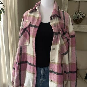 Miss Sparkling Pink Plaid Oversized Jacket Shacket Flannel Shirt - Size L